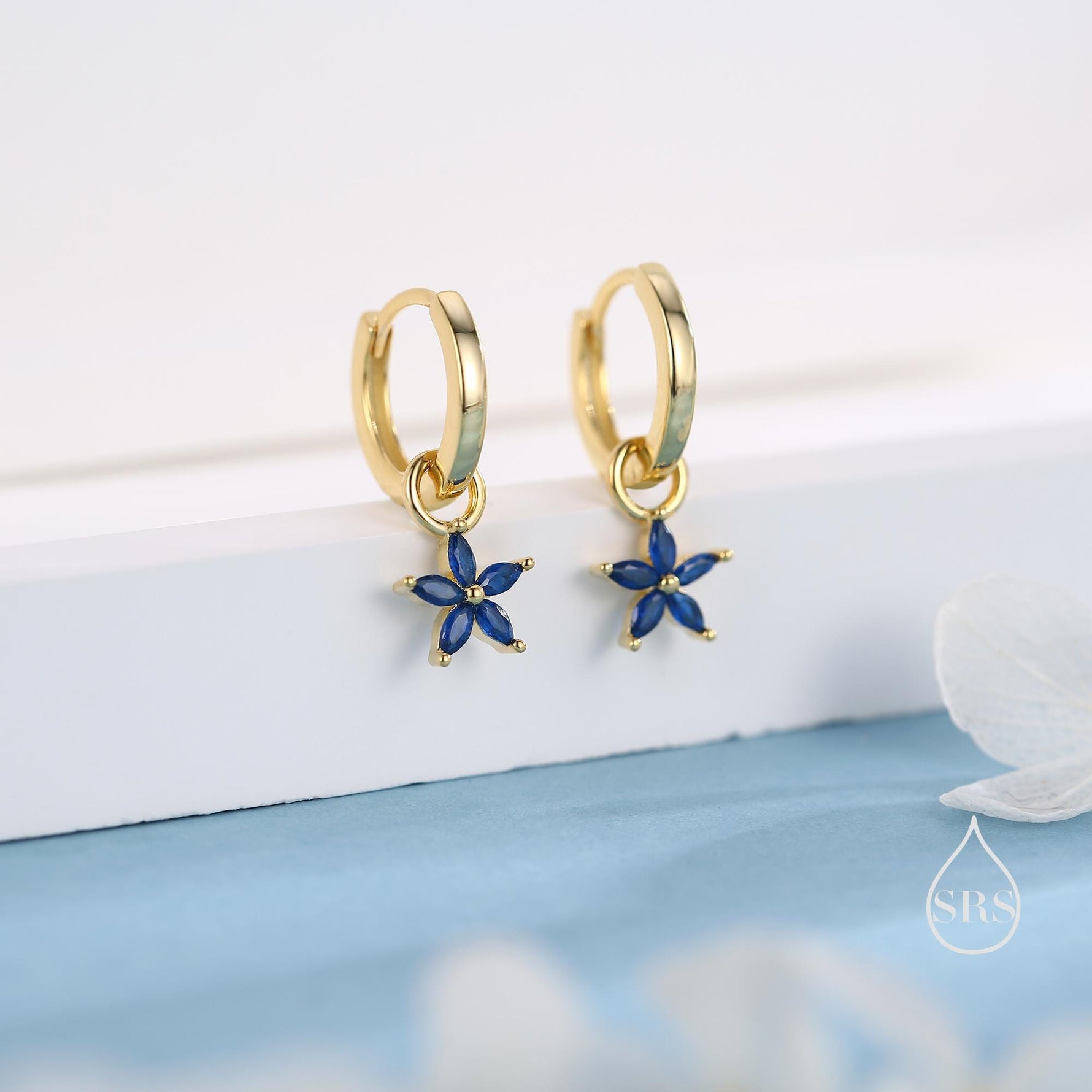 Sapphire Blue Flower CZ Huggie Hoop in Sterling Silver, Silver or Gold, Minimalist Simple Hoop Earrings, Detachable and Interchangeable