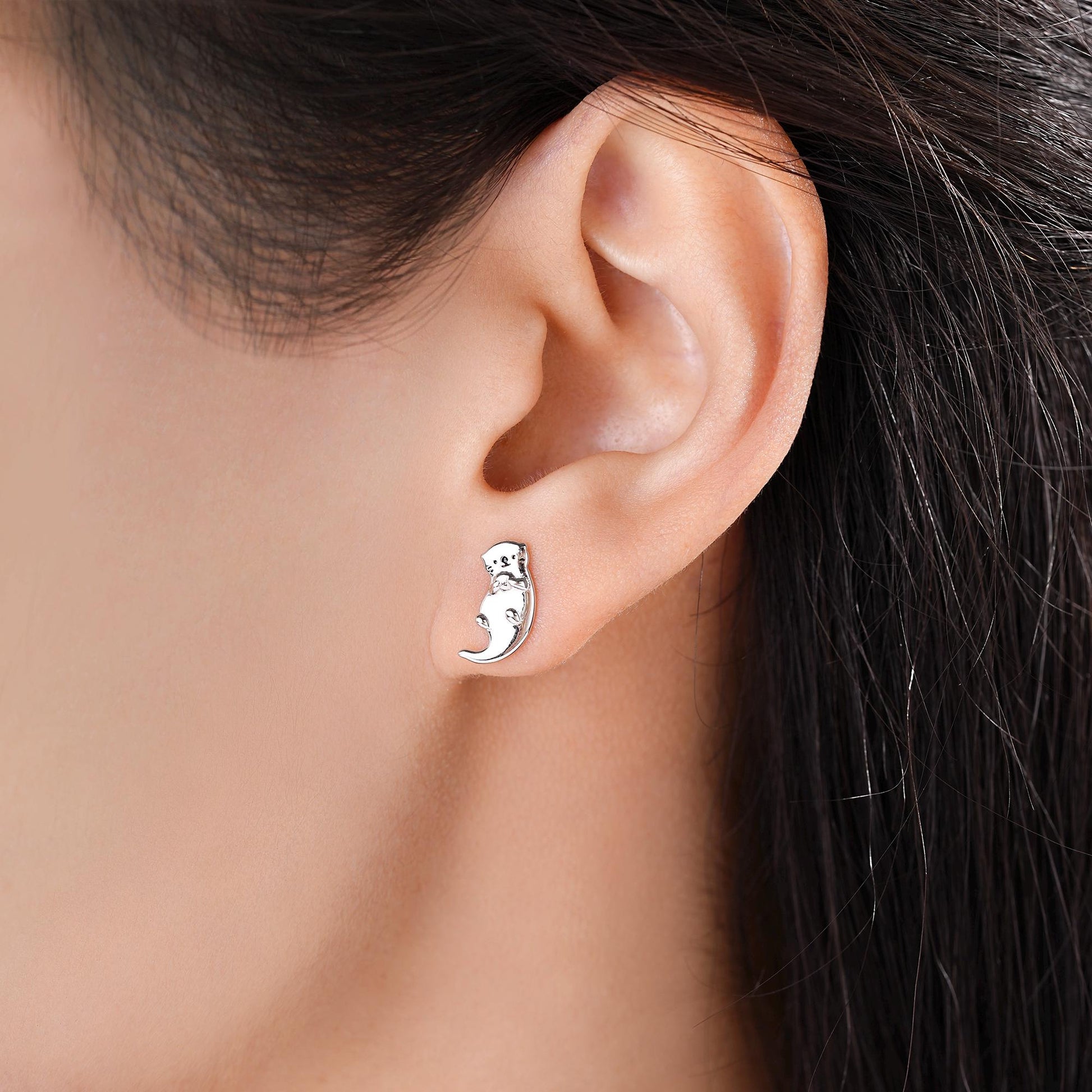 Otter Hugging Shell Stud Earrings in Sterling Silver - Silver, Gold or Rose Gold Finish - Cute Animal Earrings - Fun, Whimsical Earrings