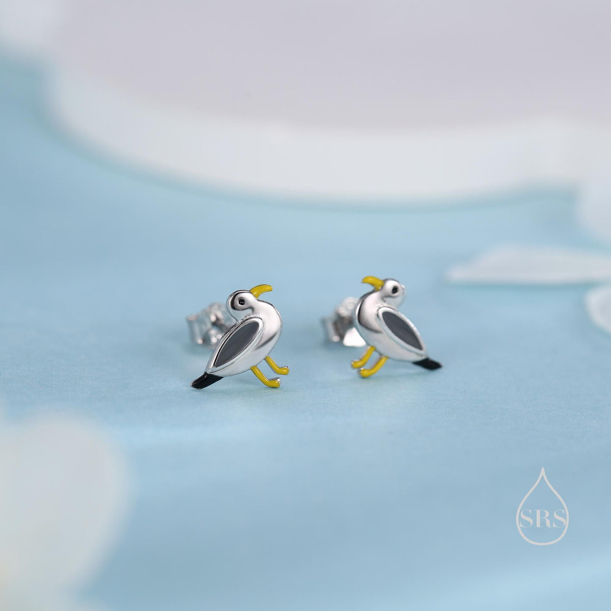 Tiny Sterling Silver Seagull Bird Stud Earrings, Enamel Coated Seagull Bird Earrings, Nature Inspired Animal Earrings, Seagull Stud