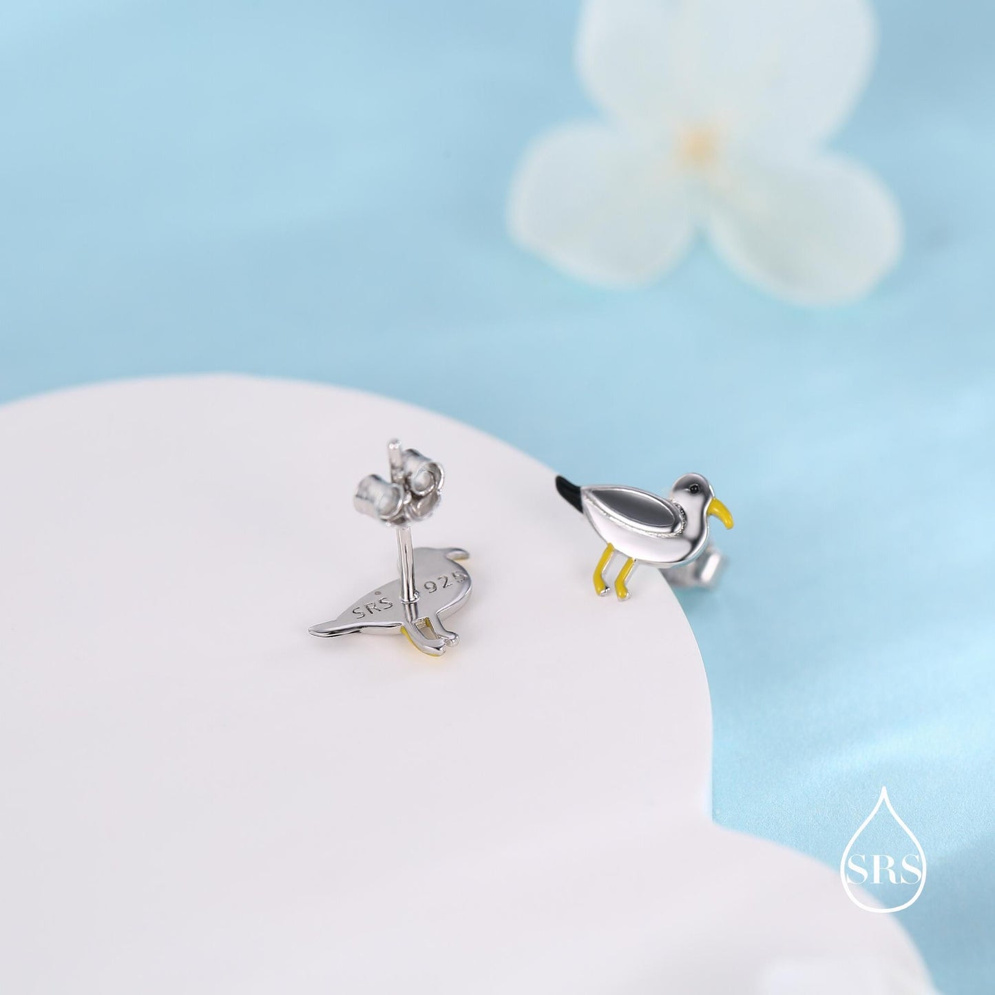 Tiny Sterling Silver Seagull Bird Stud Earrings,  Enamel Coated Seagull Bird Earrings, Nature Inspired Animal Earrings, Seagull Stud