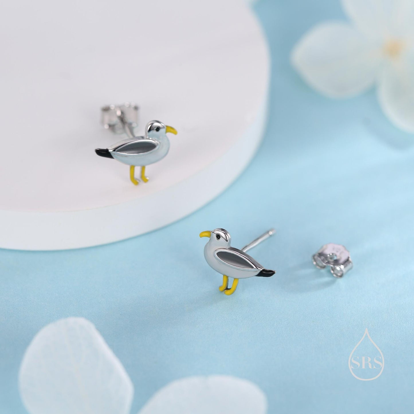 Tiny Sterling Silver Seagull Bird Stud Earrings,  Enamel Coated Seagull Bird Earrings, Nature Inspired Animal Earrings, Seagull Stud