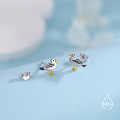 Tiny Sterling Silver Seagull Bird Stud Earrings,  Enamel Coated Seagull Bird Earrings, Nature Inspired Animal Earrings, Seagull Stud