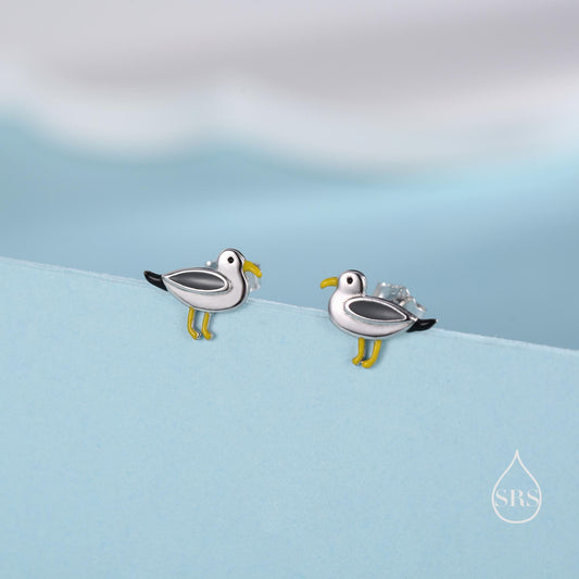 Tiny Sterling Silver Seagull Bird Stud Earrings, Enamel Coated Seagull Bird Earrings, Nature Inspired Animal Earrings, Seagull Stud