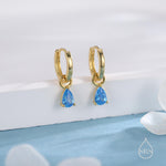 Sterling Silver Aquamarine Blue Pear Cut CZ Hoop Earrings, Droplet Dangle Hoop Earrings, Interchangeable Charm, March Birthstone
