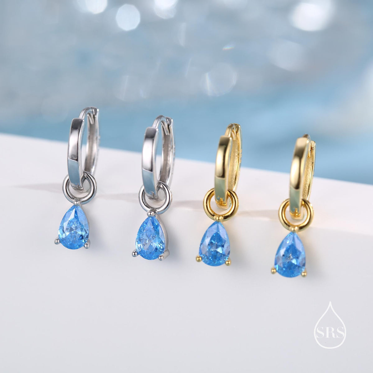 Sterling Silver Aquamarine Blue Pear Cut CZ Hoop Earrings, Droplet Dangle Hoop Earrings, Interchangeable Charm, March Birthstone