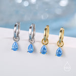 Sterling Silver Aquamarine Blue Pear Cut CZ Hoop Earrings, Droplet Dangle Hoop Earrings, Interchangeable Charm, March Birthstone