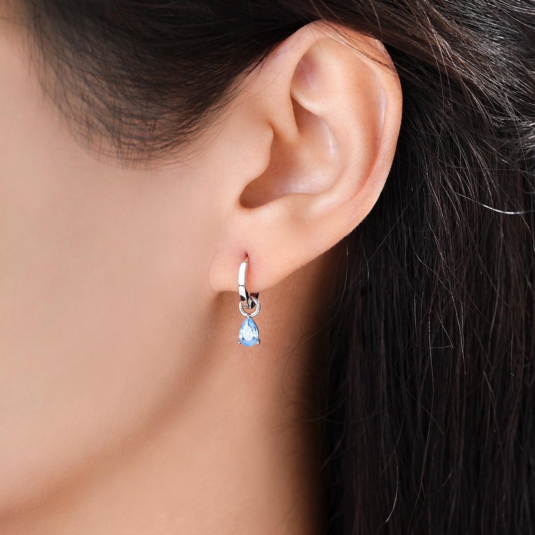 Sterling Silver Aquamarine Blue Pear Cut CZ Hoop Earrings, Droplet Dangle Hoop Earrings, Interchangeable Charm, March Birthstone