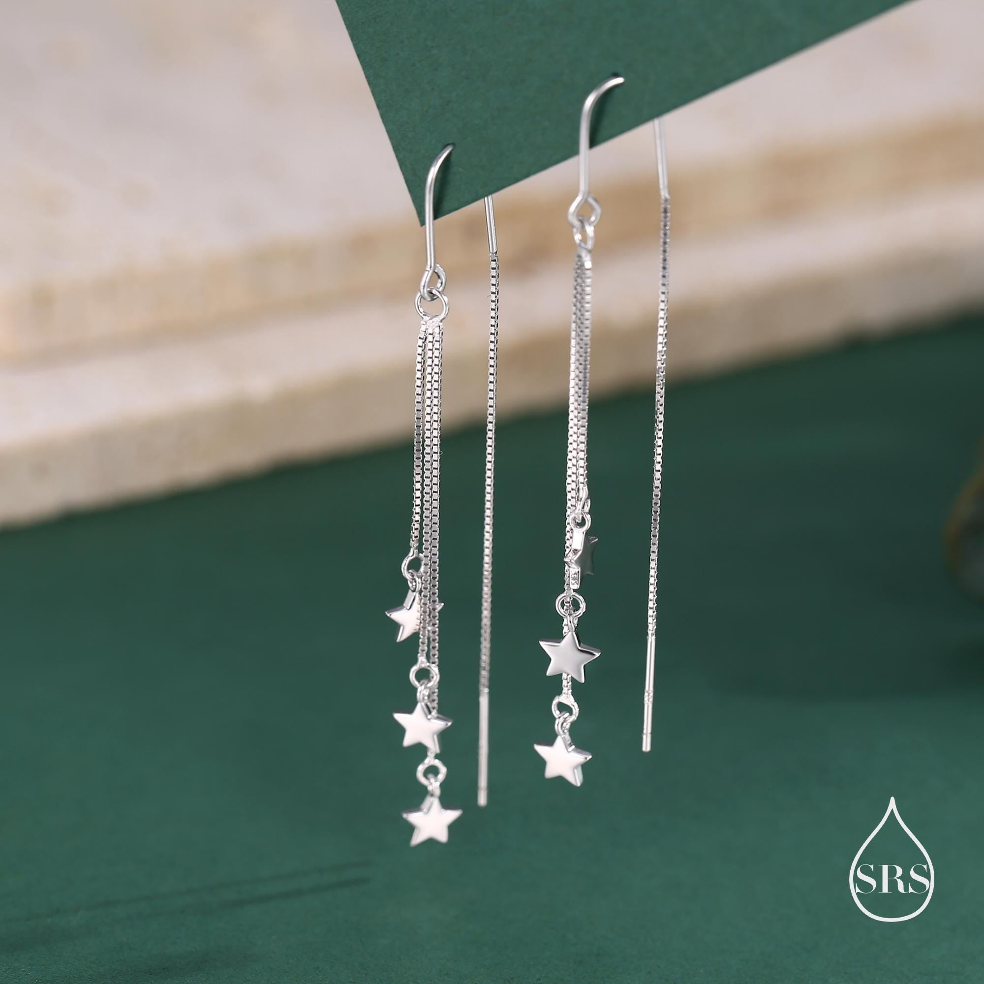 Delicate Star Cascade Dangle Drop Hook Earrings in Sterling Silver Tr Silver Rain Silver