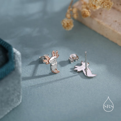 Tiny Cute Axolotl Stud Earrings in Sterling Silver - Silver Sea Creature Stud Earrings - Tiny Earrings - Pet Lover - Cute, Fun, Whimsical