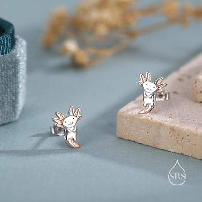 Tiny Cute Axolotl Stud Earrings in Sterling Silver - Silver Sea Creature Stud Earrings - Tiny Earrings - Pet Lover - Cute, Fun, Whimsical