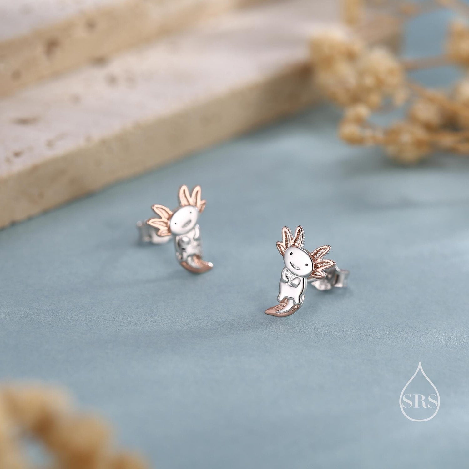 Tiny Cute Axolotl Stud Earrings in Sterling Silver - Silver Sea Creature Stud Earrings - Tiny Earrings - Pet Lover - Cute, Fun, Whimsical
