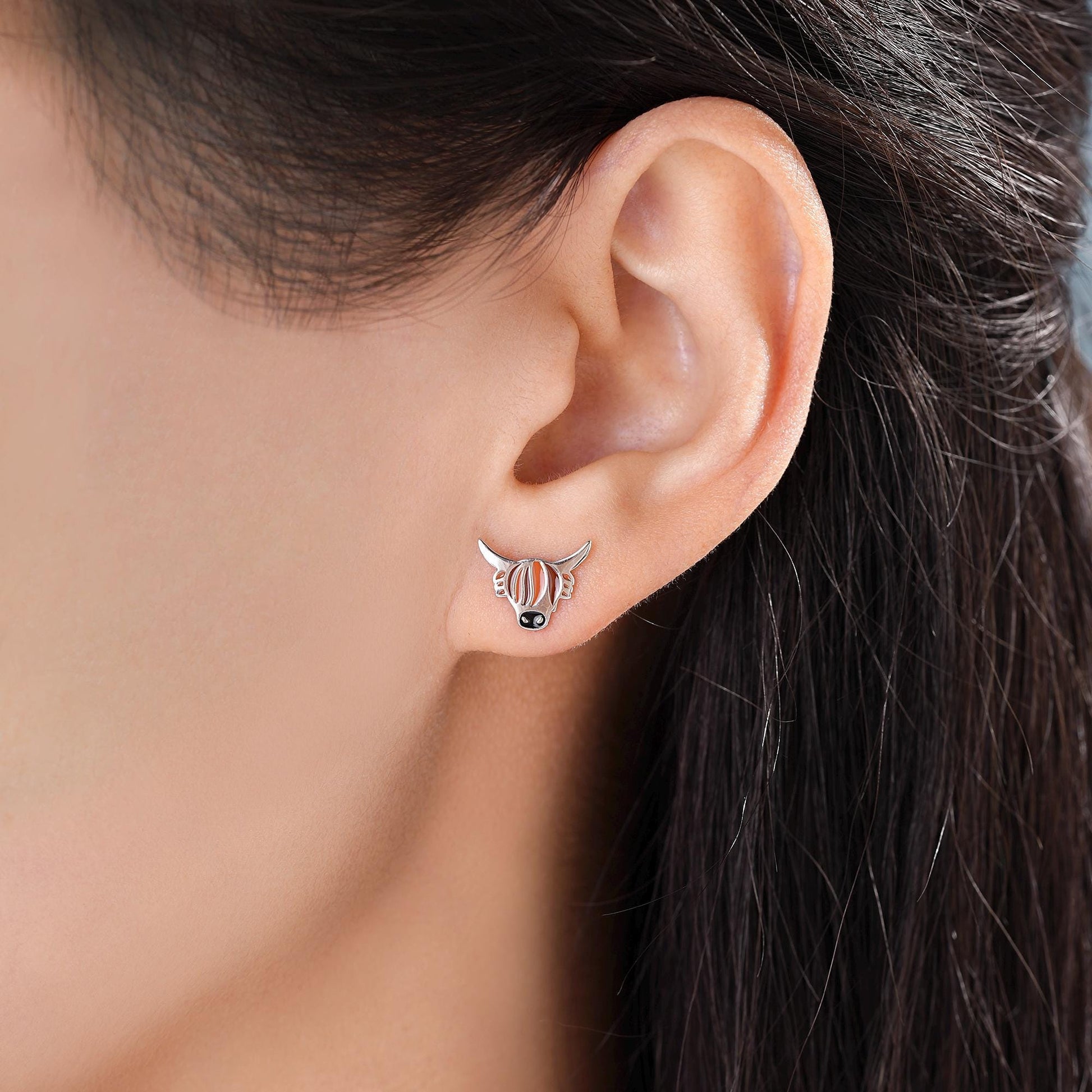 Enamel Highland Cow Stud Earrings in Sterling Silver, Highland Bull Earrings, Cow Earrings, Scottish Design