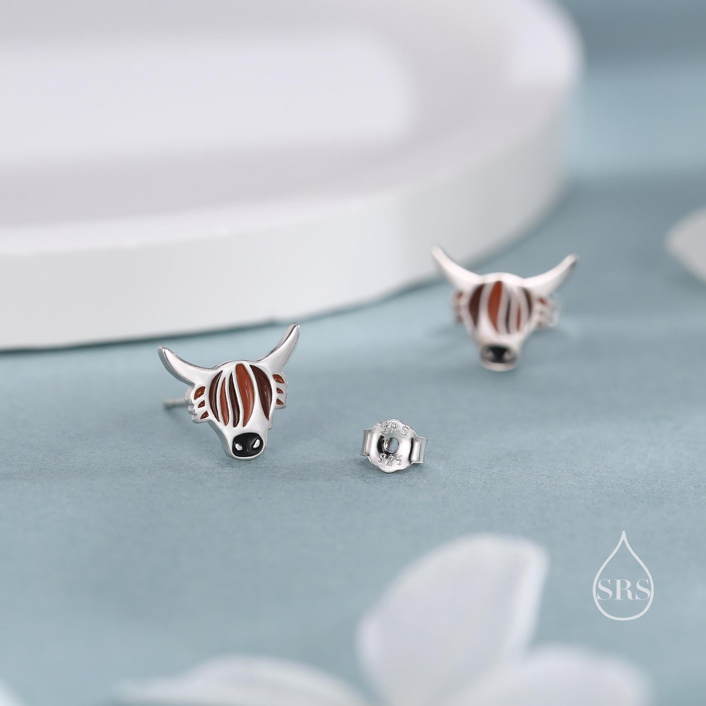 Enamel Highland Cow Stud Earrings in Sterling Silver, Highland Bull Earrings, Cow Earrings, Scottish Design