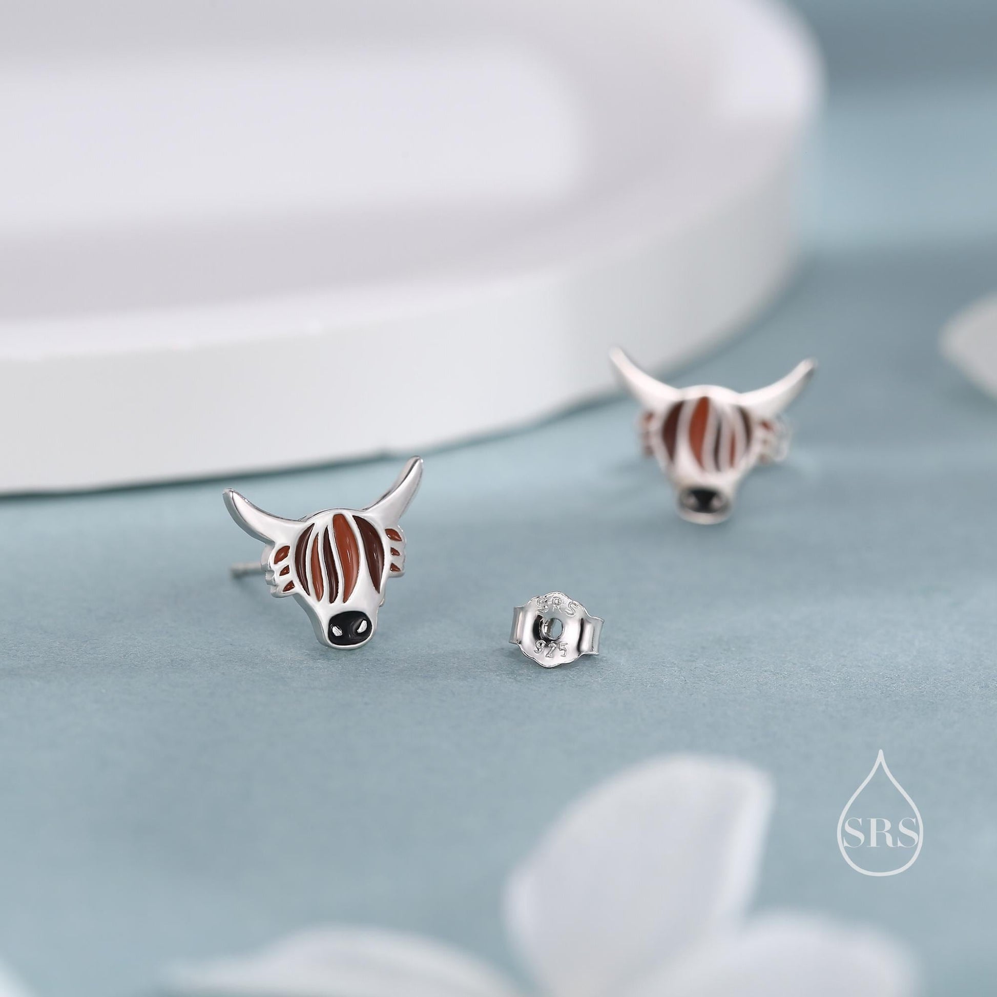 Enamel Highland Cow Stud Earrings in Sterling Silver, Highland Bull Earrings, Cow Earrings, Scottish Design