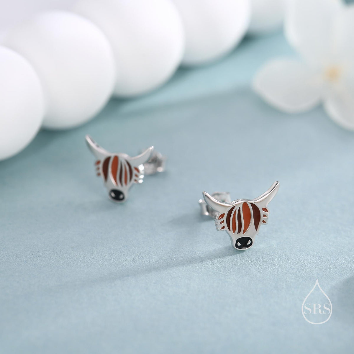 Enamel Highland Cow Stud Earrings in Sterling Silver, Highland Bull Earrings, Cow Earrings, Scottish Design