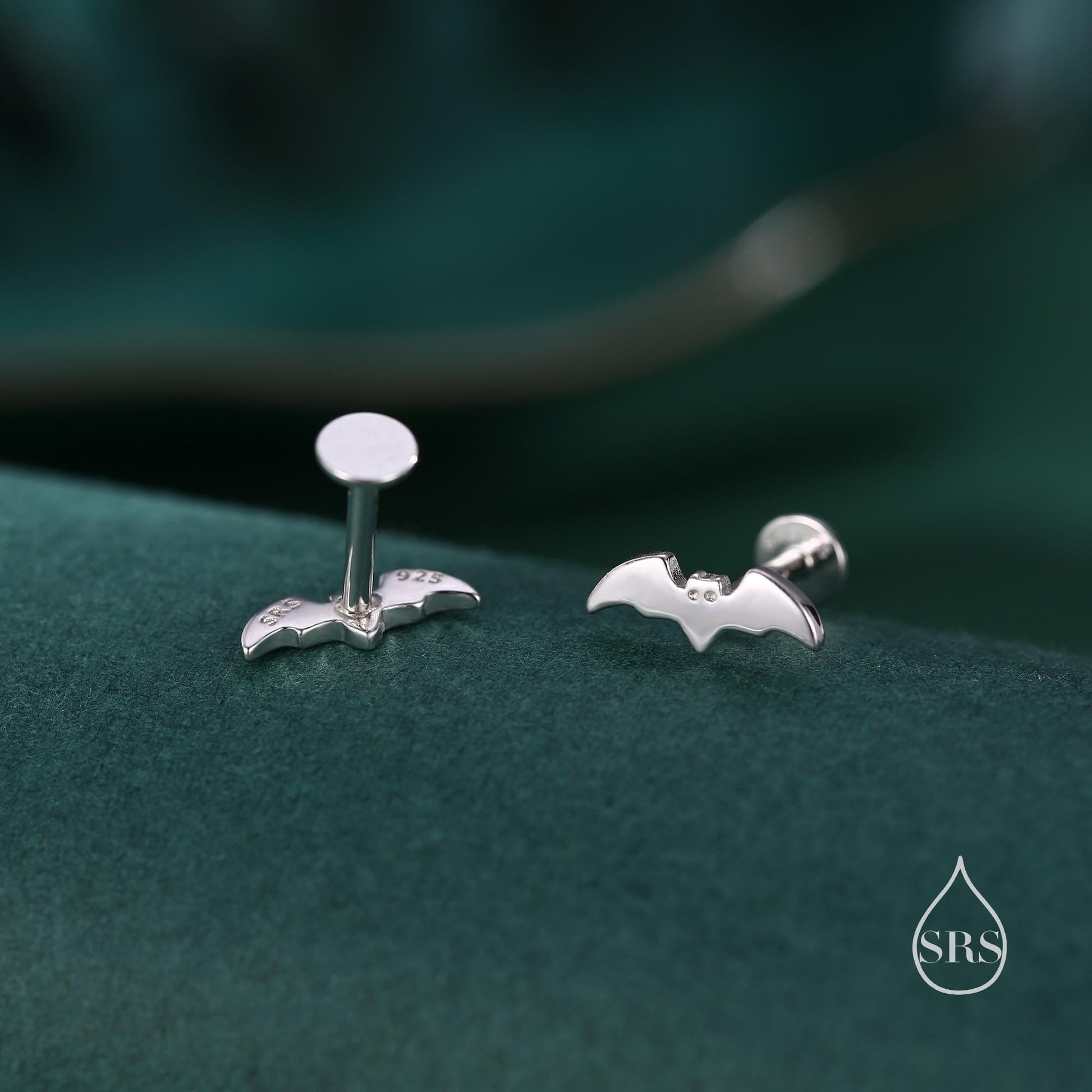 Tiny Bat Flat Back Screw Back Stud Earrings in Sterling Silver