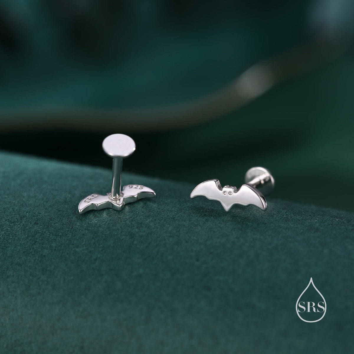 Tiny Bat 16G Internally Threaded Flat Back Earrings in Sterling Silver, Animal Earrings