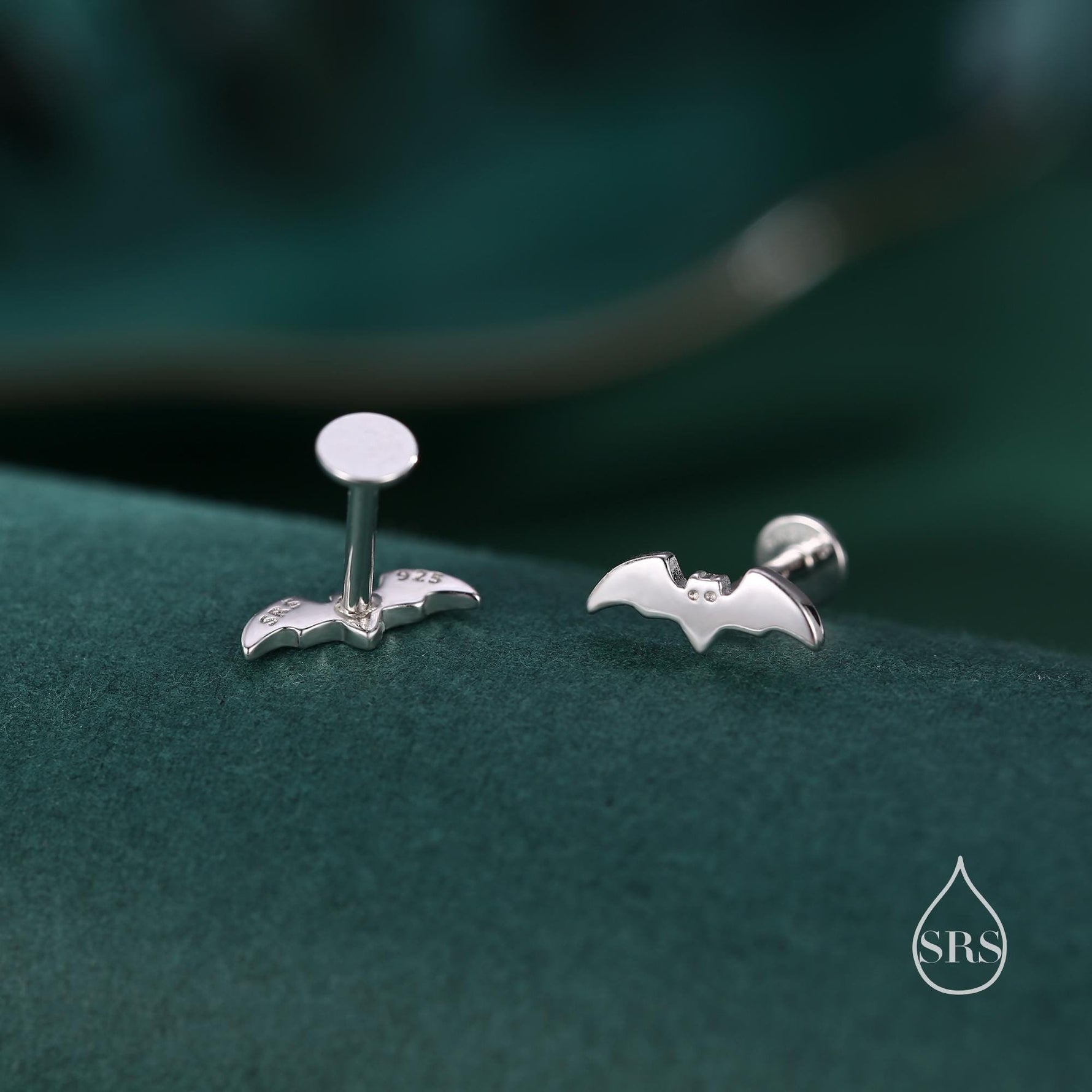 Tiny Bat 16G Internally Threaded Flat Back Earrings in Sterling Silver, Animal Earrings