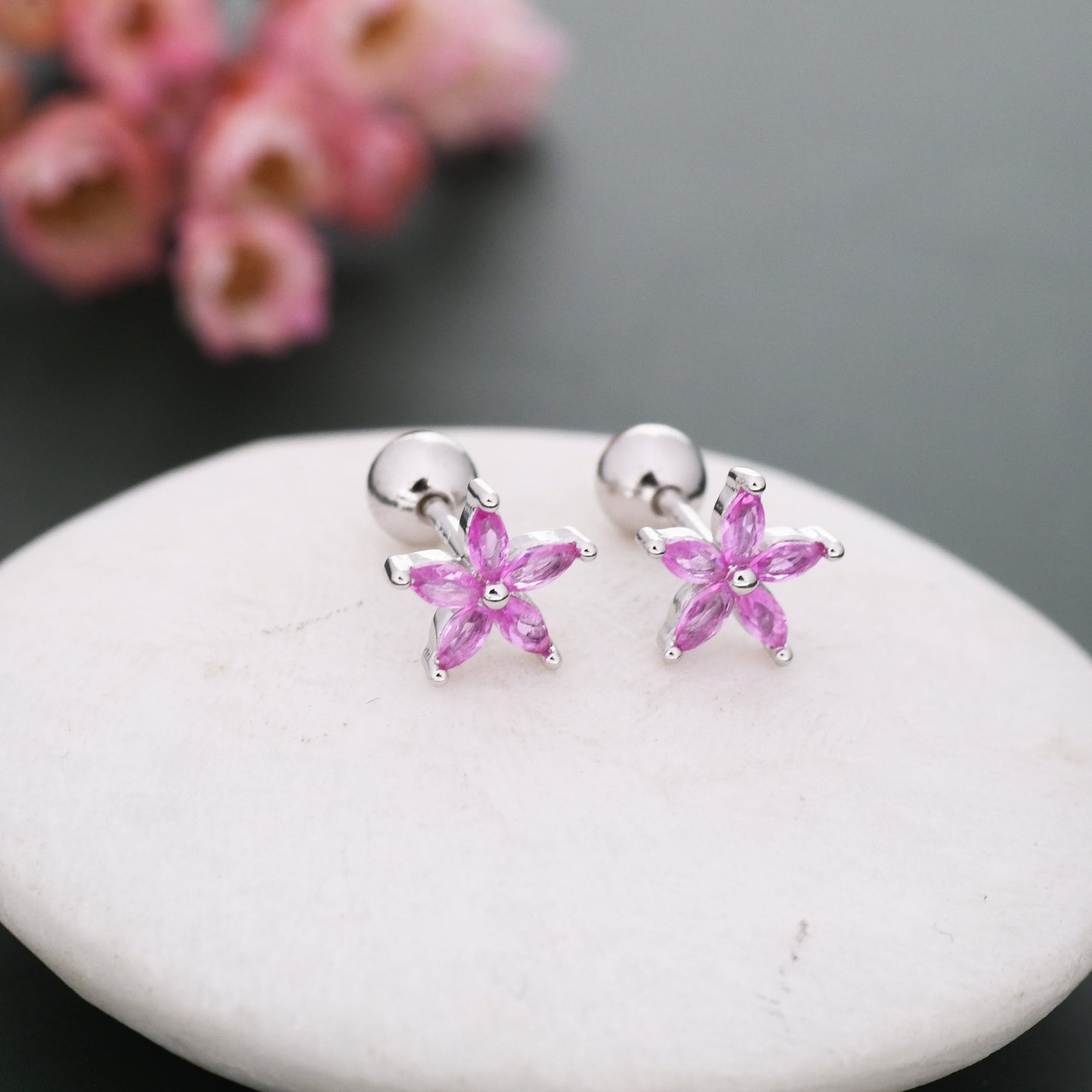 Sterling Silver Pink CZ Flower Barbell Earrings,  Marquise CZ Screw Back Earrings, Stacking Earrings