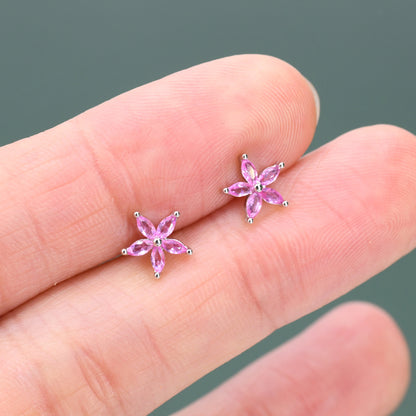 Sterling Silver Pink CZ Flower Barbell Earrings,  Marquise CZ Screw Back Earrings, Stacking Earrings