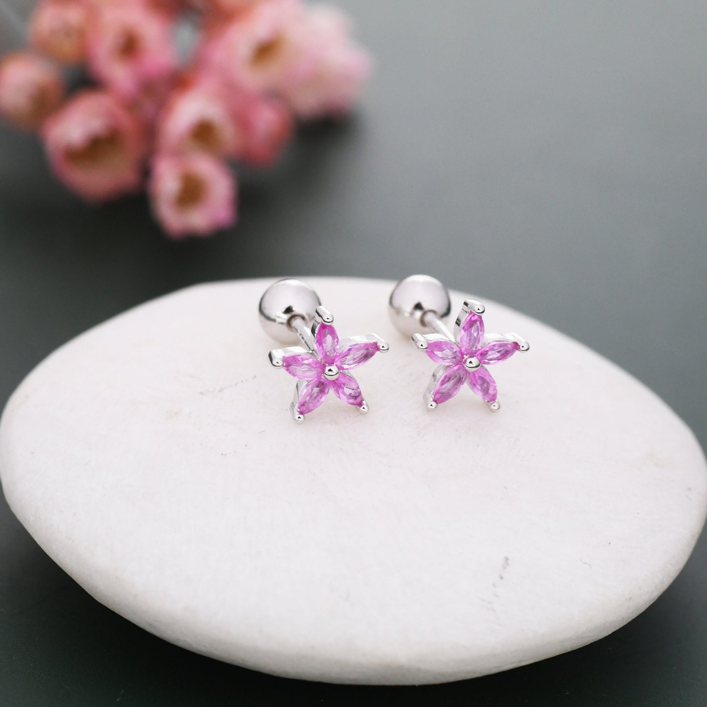 Sterling Silver Pink CZ Flower Barbell Earrings,  Marquise CZ Screw Back Earrings, Stacking Earrings