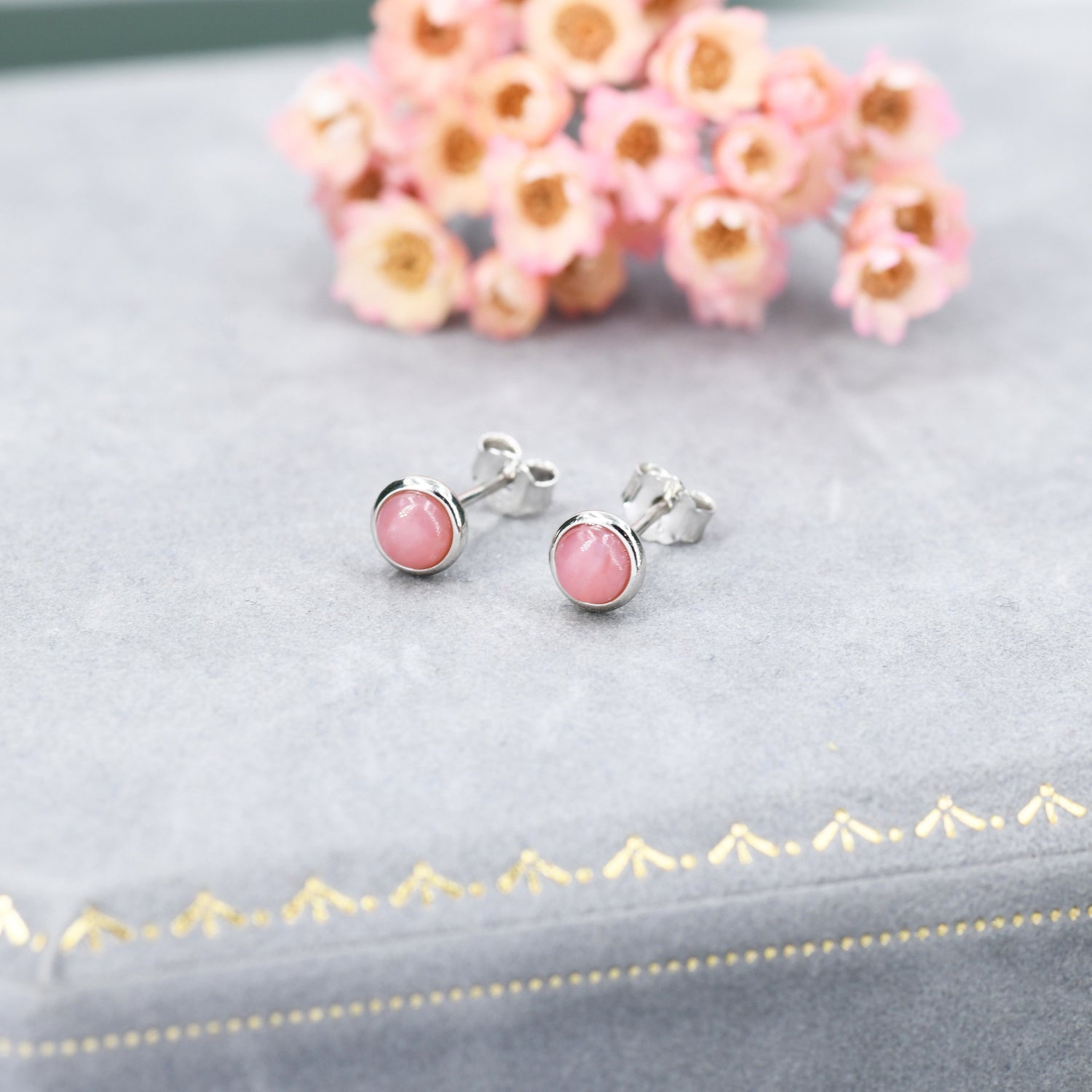 Sterling Silver Genuine Pink Opal Tiny Stud Earrings, Genuine Pink Opal Stud, Natural Semi-Precious Gemstones, 4mm Bezel Earrings