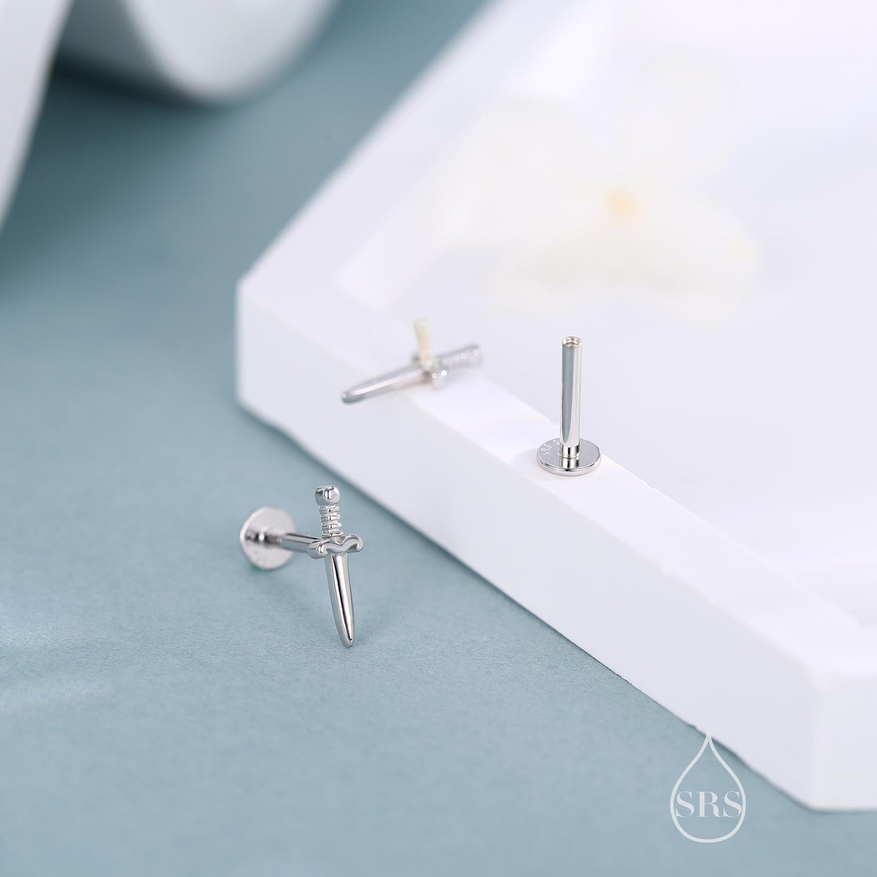 Tiny Dagger Sword Internally Threaded Flat Back Earrings / Stud Earrings in Sterling Silver - Stacking Earrings - Ear Stacks