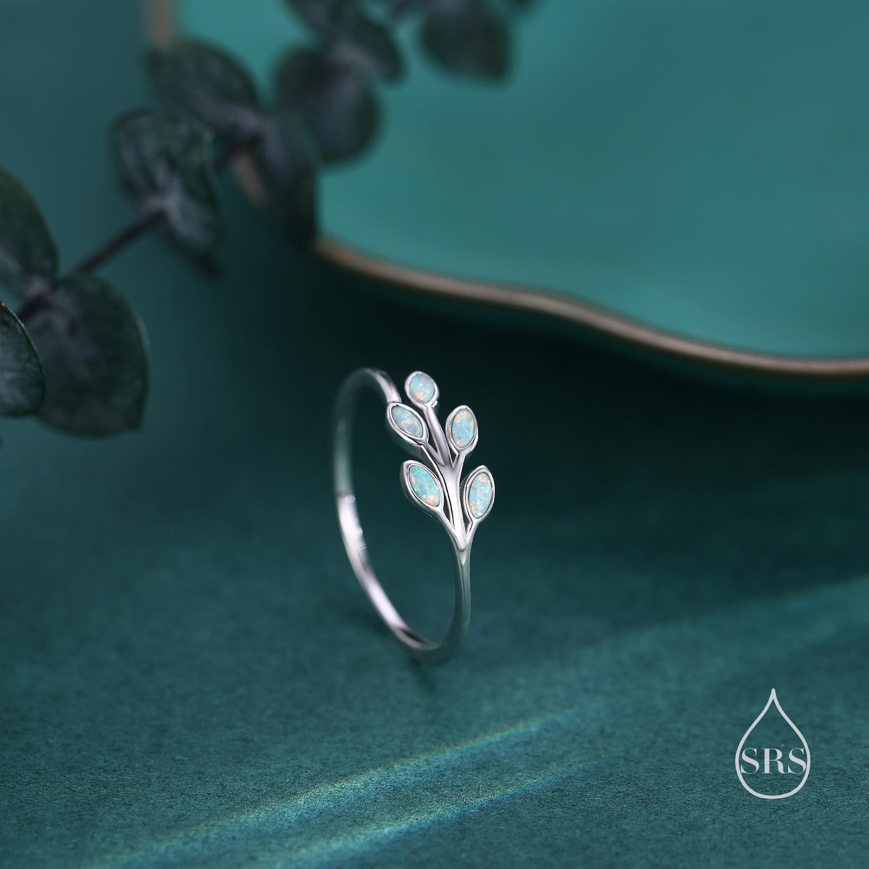 Blue Opal Olive Leaf Ring in Sterling Silver, Silver or Gold, US 5 - 8 Olive Leaf Ring, Botanical Ring, Simulated Opal Leaf Ring