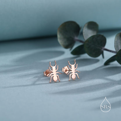 2D Ant Stud Earrings in Sterling Silver, Silver or Gold or Rose Gold, Ant Insect Animal Earrings, Nature Inspired