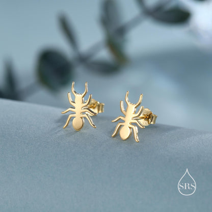 2D Ant Stud Earrings in Sterling Silver, Silver or Gold or Rose Gold, Ant Insect Animal Earrings, Nature Inspired