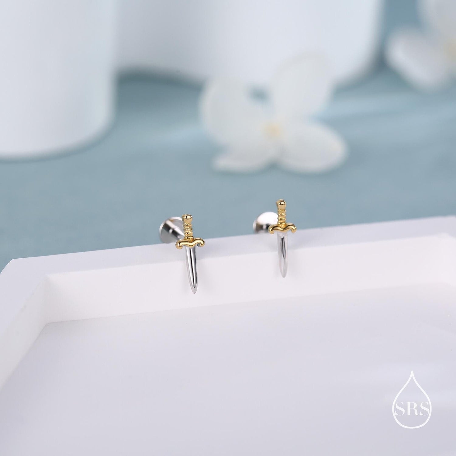 Tiny Dagger Sword Internally Threaded Flat Back Earrings / Stud Earrings in Sterling Silver - Stacking Earrings  - Ear Stacks
