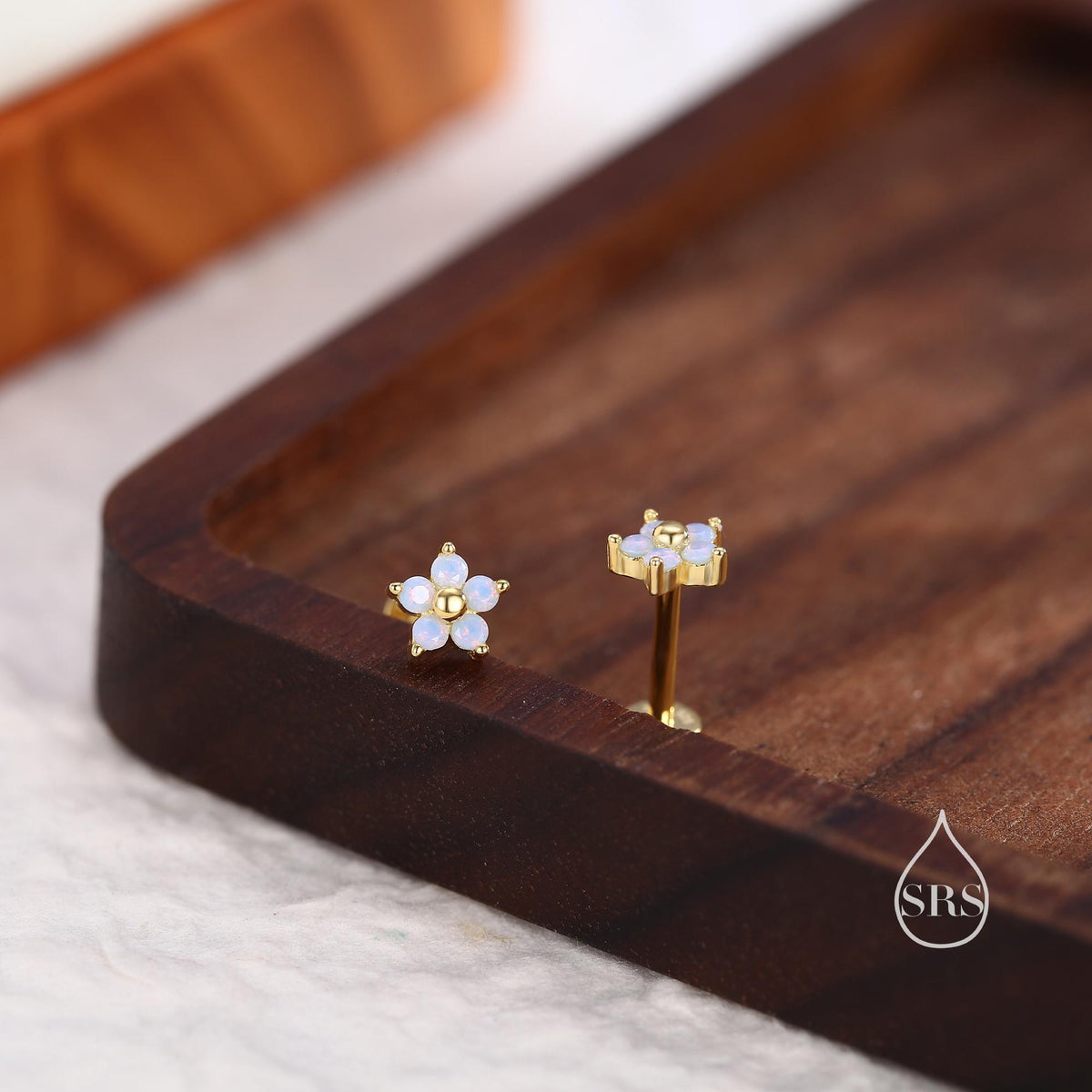 Tiny Opal Blue CZ Flower 16G Internally Threaded Flat Back Earrings in Sterling Silver