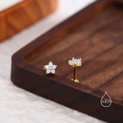 Tiny Opal Blue CZ Flower Internally Threaded Flat Back Earrings / Stud Earrings in Sterling Silver, Silver or Gold, Forget me not  Earrings