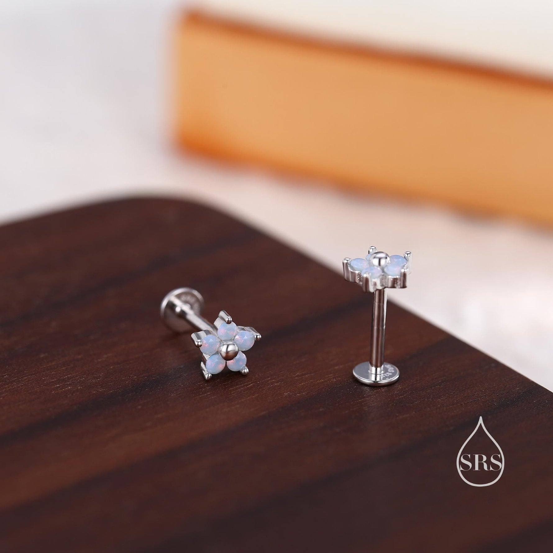 Tiny Opal Blue CZ Flower 16G Internally Threaded Flat Back Earrings in Sterling Silver