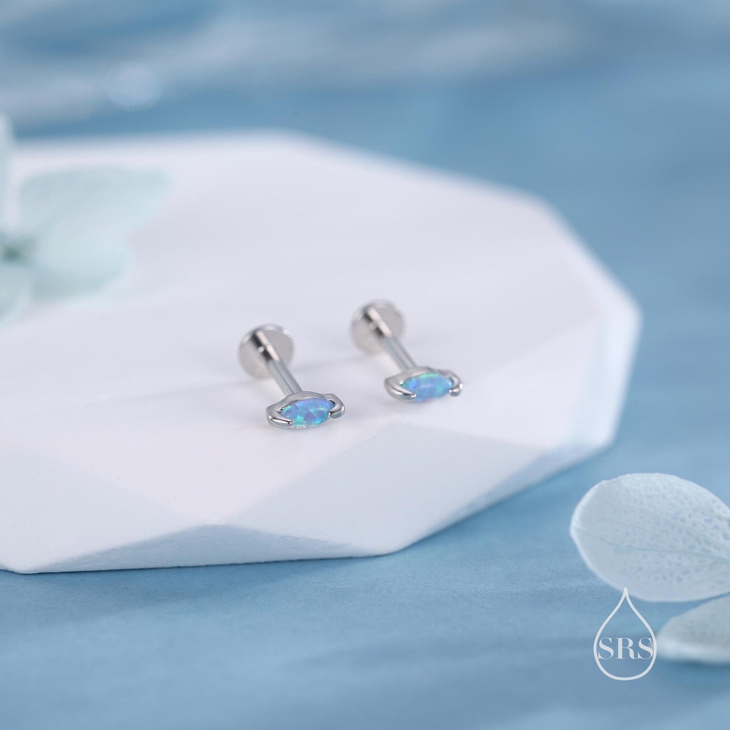 Sterling Silver Blue Opal Marquise 16G Internally Threaded Flat Back Earrings