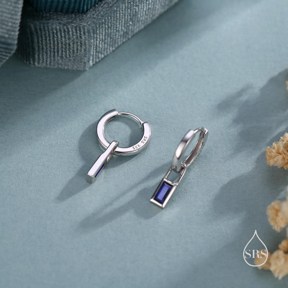 Sapphire Blue Baguette CZ Huggie Hoop in Sterling Silver, Silver or Gold, Minimalist Simple Hoop Earrings, Detachable and Interchangeable