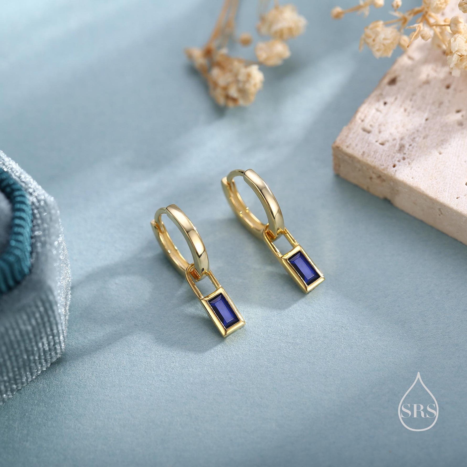 Sapphire Blue Baguette CZ Huggie Hoop in Sterling Silver, Silver or Gold, Minimalist Simple Hoop Earrings, Detachable and Interchangeable