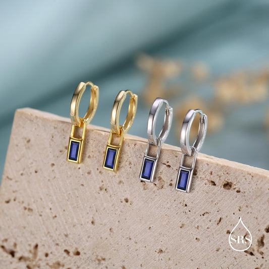 Sapphire Blue Baguette CZ Huggie Hoop in Sterling Silver, Silver or Gold, Minimalist Simple Hoop Earrings, Detachable and Interchangeable