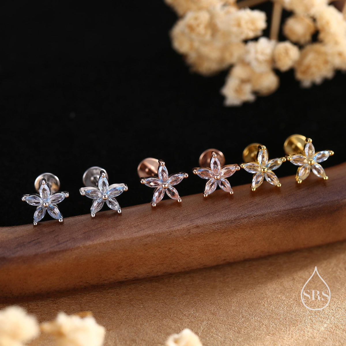 Tiny Aquamarine Blue CZ Flower Internally Threaded Flat Back Earrings in Sterling Silver, Silver or Gold or Rose Gold, Forget me not Earring