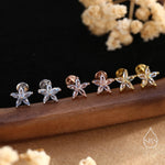 Tiny Aquamarine Blue CZ Flower Internally Threaded Flat Back Earrings in Sterling Silver, Silver or Gold or Rose Gold, Forget me not Earring