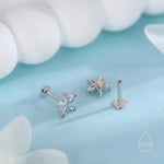 Tiny Aquamarine Blue CZ Flower Internally Threaded Flat Back Earrings in Sterling Silver, Silver or Gold or Rose Gold, Forget me not Earring
