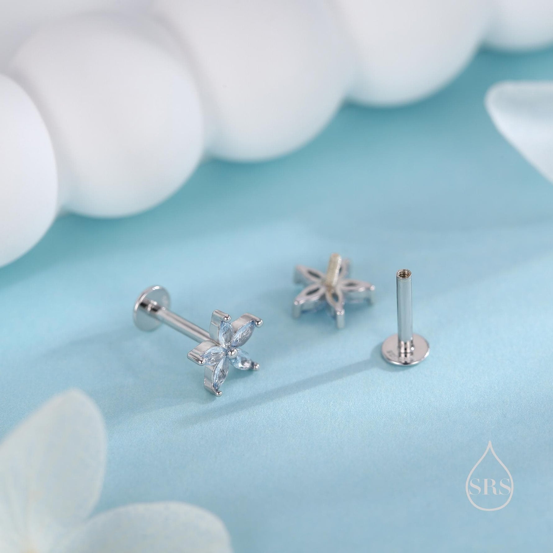 Tiny Aquamarine Blue CZ Flower Internally Threaded Flat Back Earrings in Sterling Silver, Silver or Gold or Rose Gold, Forget me not Earring