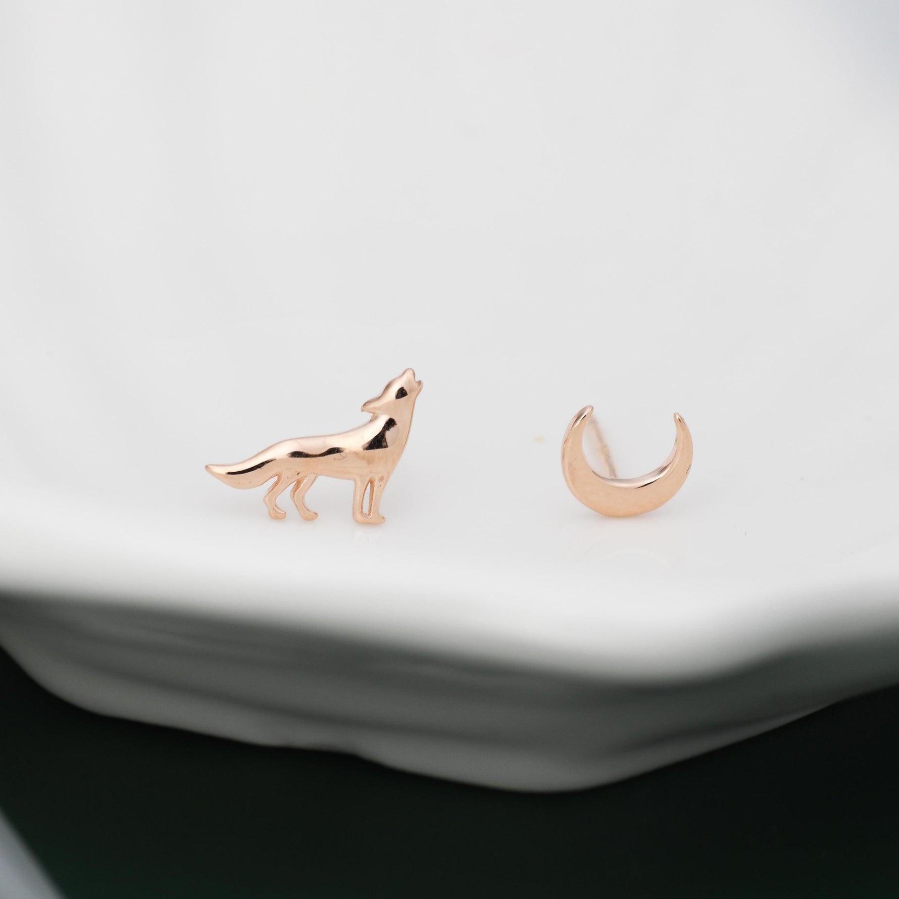 Mismatched Wolf and Moon Stud Earrings in Sterling Silver, Silver, Gold or Rose Gold, Asymmetric Wolf and Crescent Moon Earrings