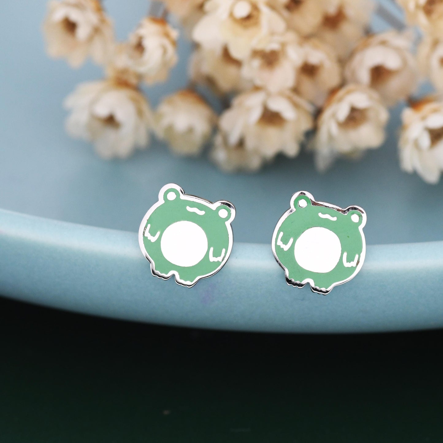 Hand Painted Enamel Frog Stud Earrings in Sterling Silver, Kawaii Frog Earrings,  Green Frog Earrings, Nature Inspired