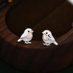 Baby Robin Bird Stud Earrings in Sterling Silver with Two Tone Finish - Partial Rose Gold Coating, British Garden Bird Earrings