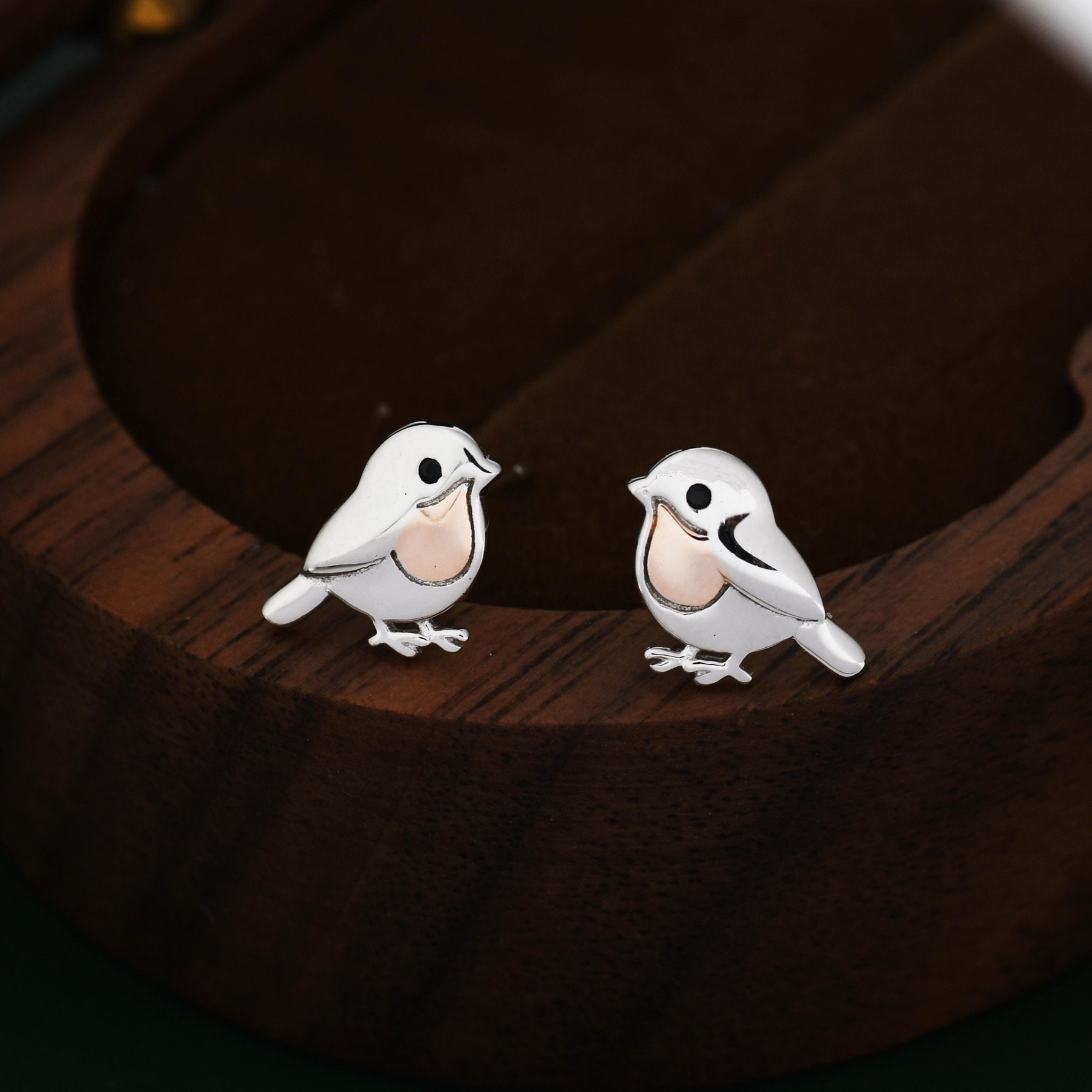 Baby Robin Bird Stud Earrings in Sterling Silver with Two Tone Finish - Partial Rose Gold Coating, British Garden Bird Earrings