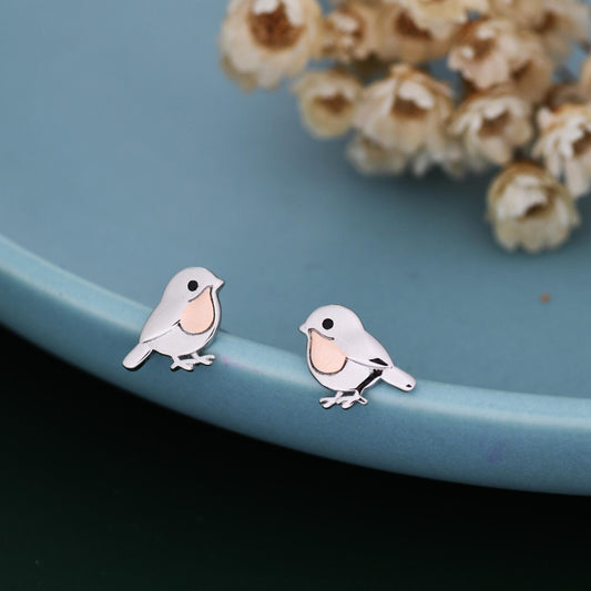 Baby Robin Bird Stud Earrings in Sterling Silver with Two Tone Finish - Partial Rose Gold Coating, British Garden Bird Earrings