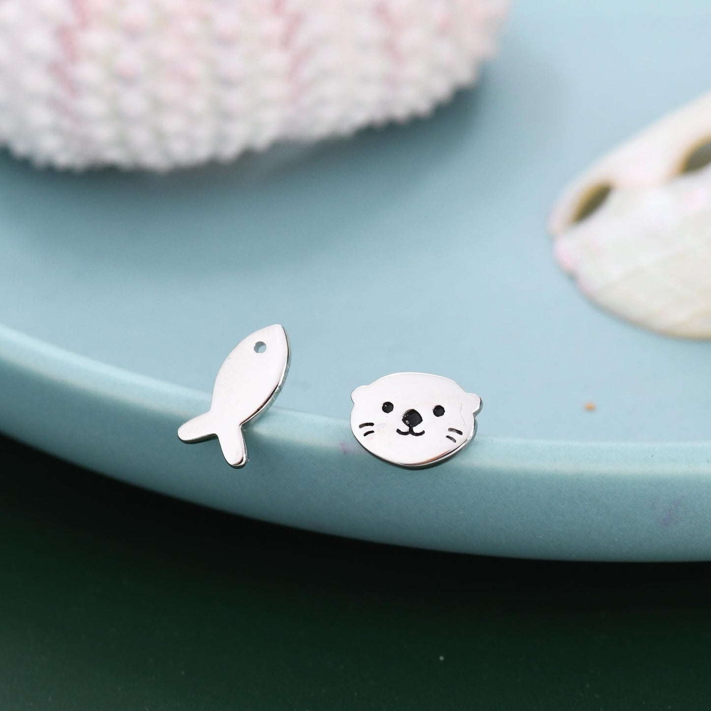 Mismatched Otter and Fish Stud Earrings in Sterling Silver - Asymmetric Cute Animal Earrings - Fun, Whimsical Earrings
