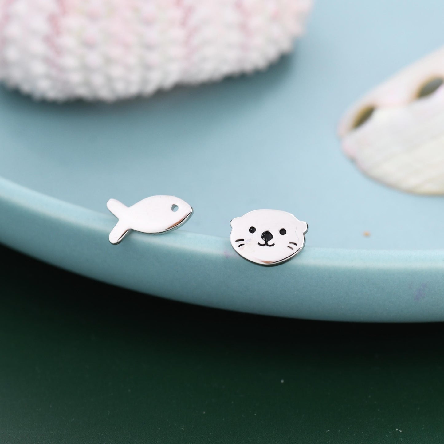 Mismatched Otter and Fish Stud Earrings in Sterling Silver - Asymmetric Cute Animal Earrings - Fun, Whimsical Earrings