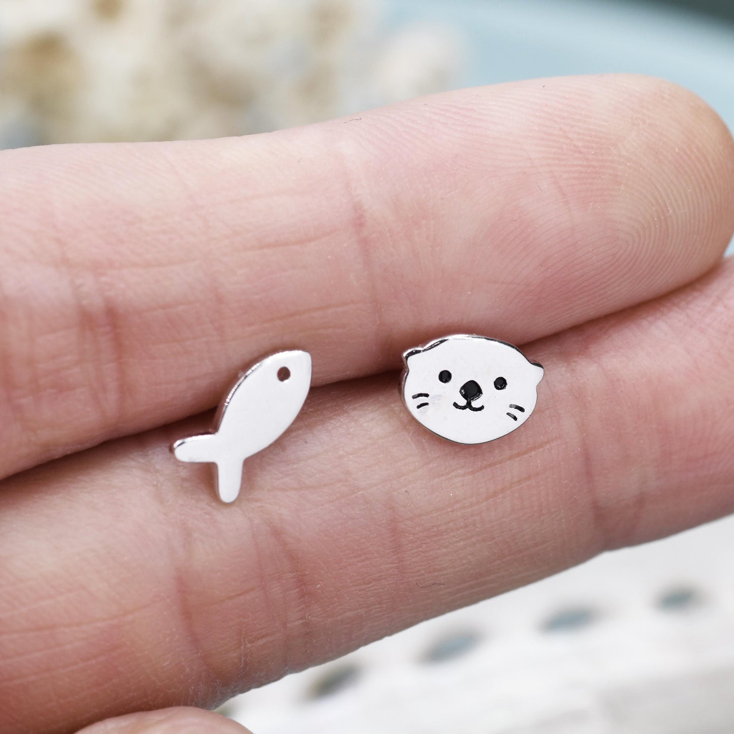 Mismatched Otter and Fish Stud Earrings in Sterling Silver - Asymmetric Cute Animal Earrings - Fun, Whimsical Earrings